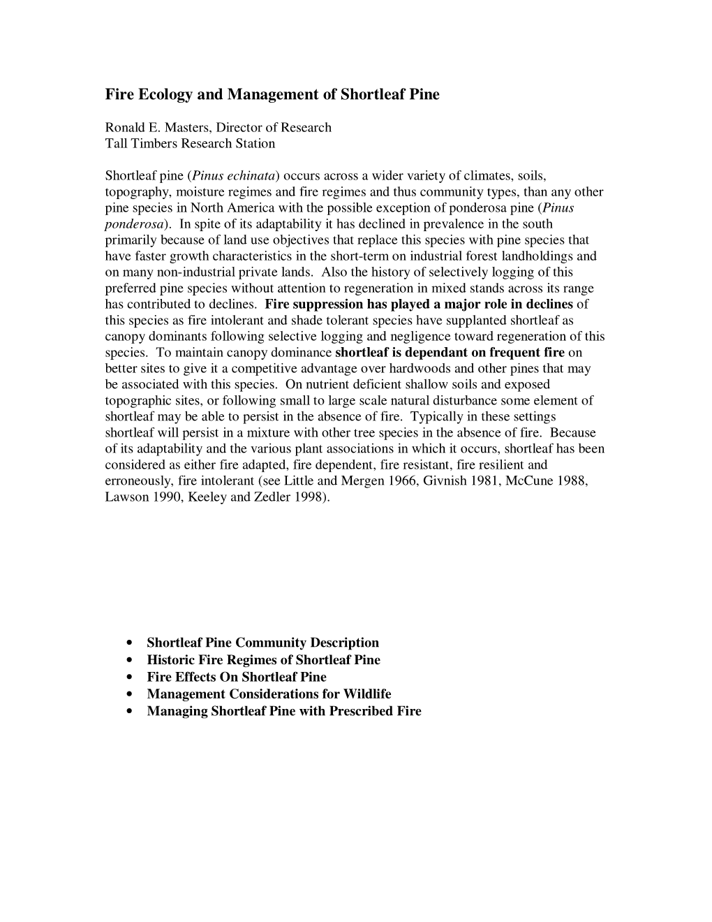 Fire Ecology and Management of Shortleaf Pine