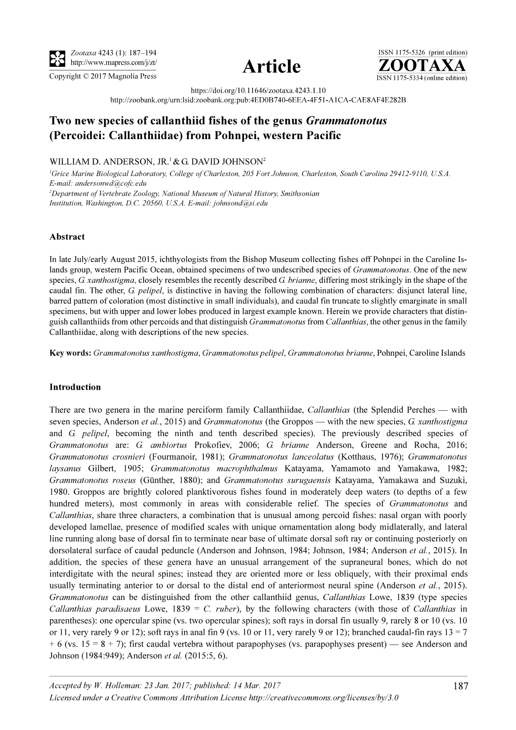 Two New Species of Callanthiid Fishes of the Genus Grammatonotus (Percoidei: Callanthiidae) from Pohnpei, Western Pacific