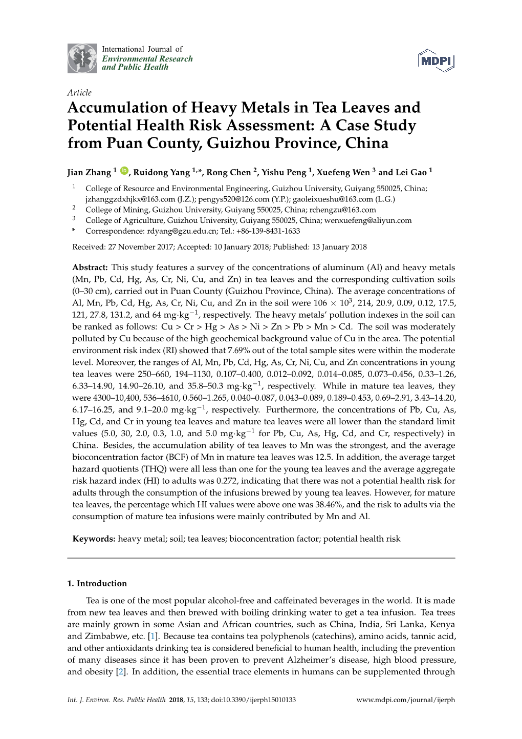 Accumulation of Heavy Metals in Tea Leaves and Potential Health Risk Assessment: a Case Study from Puan County, Guizhou Province, China