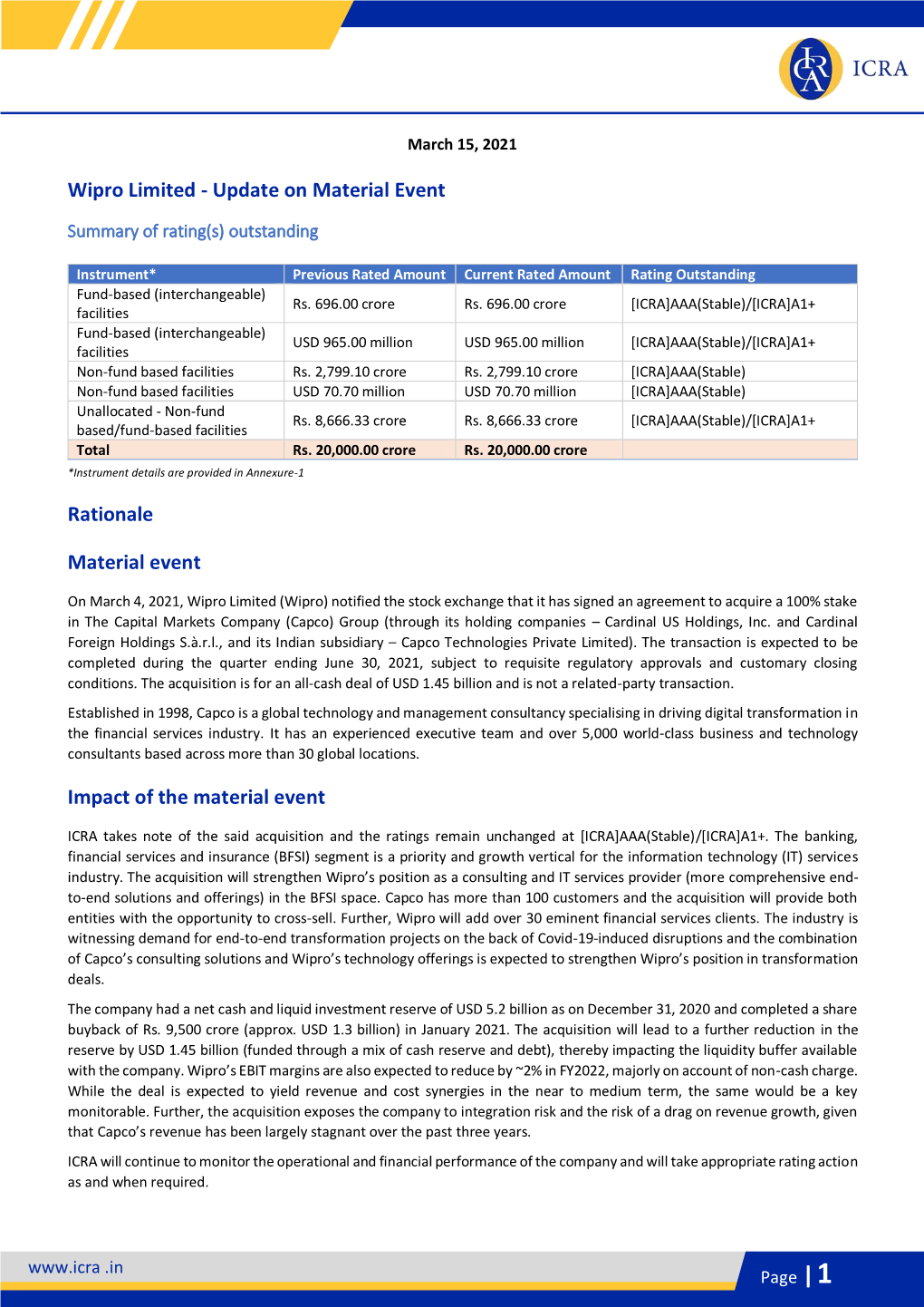 Wipro Limited - Update on Material Event