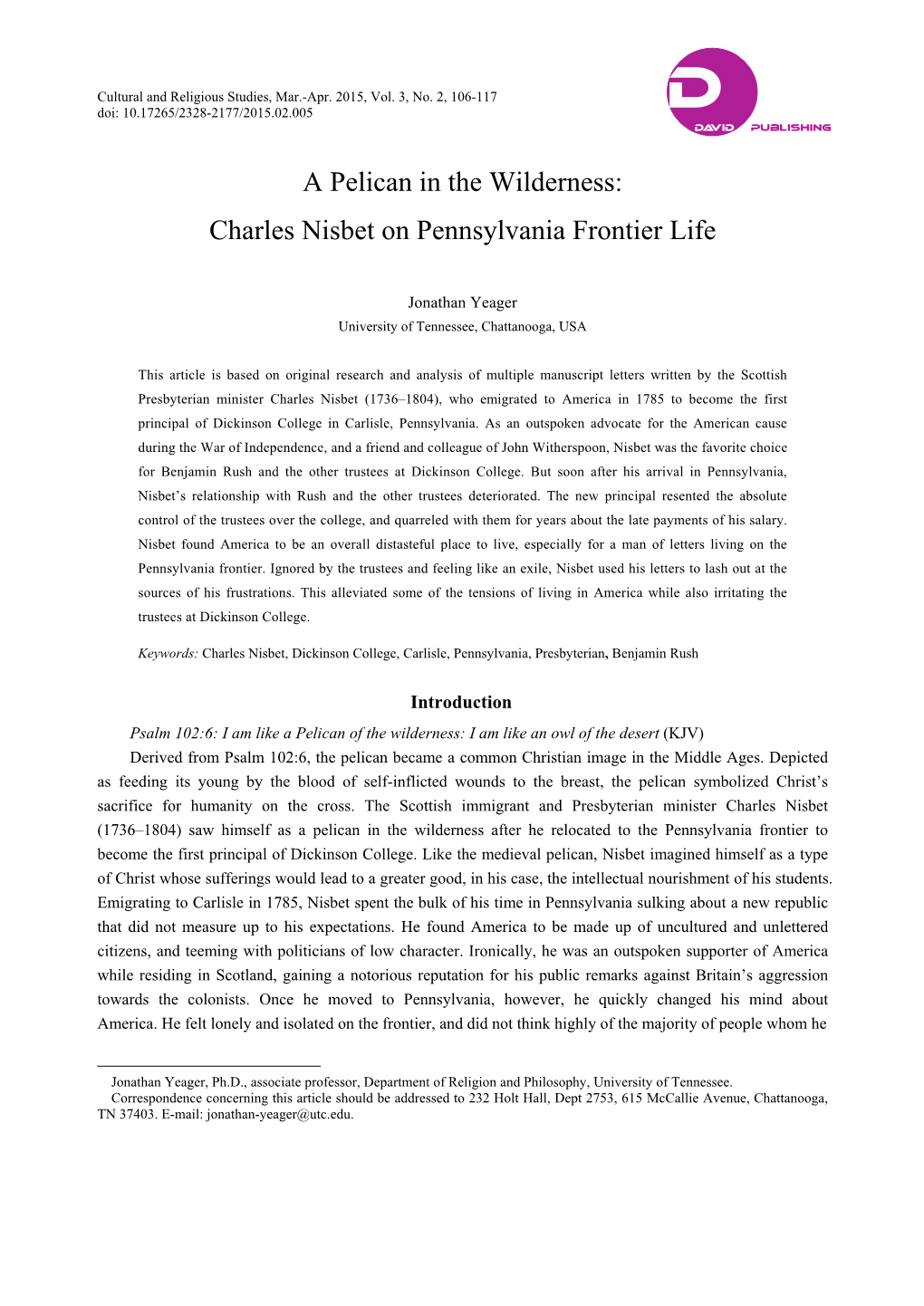 A Pelican in the Wilderness: Charles Nisbet on Pennsylvania Frontier Life