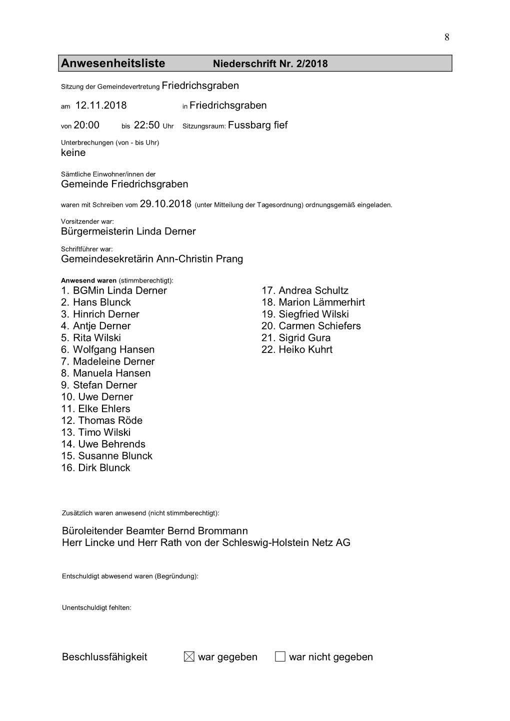 Anwesenheitsliste Niederschrift Nr