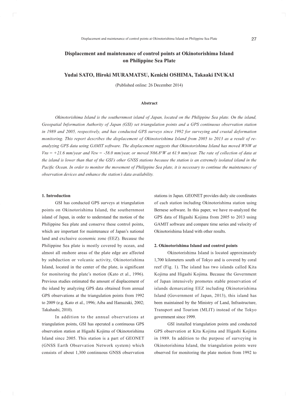 Displacement and Maintenance of Control Points at Okinotorishima Island on Philippine Sea Plate 27