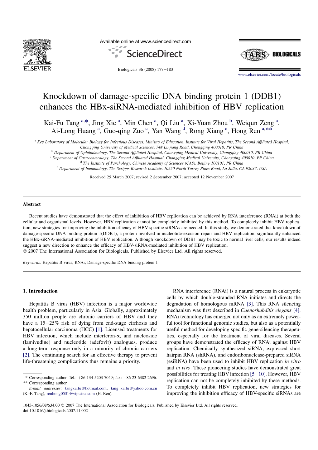 Knockdown of Damage-Specific DNA Binding Protein 1 (DDB1) Enhances