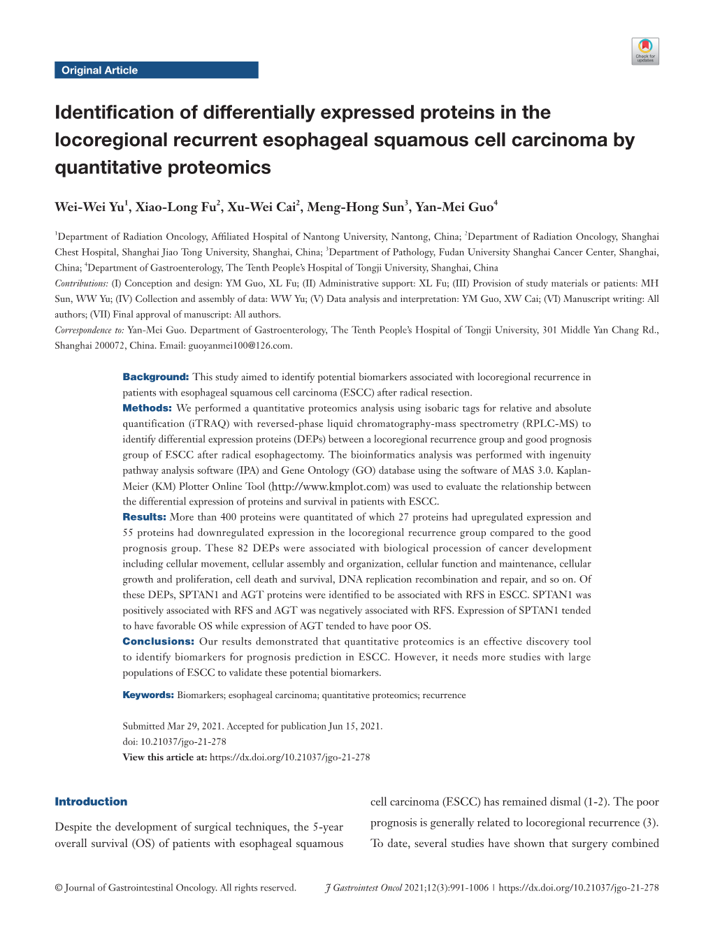 Identification of Differentially Expressed Proteins in the Locoregional Recurrent Esophageal Squamous Cell Carcinoma by Quantitative Proteomics