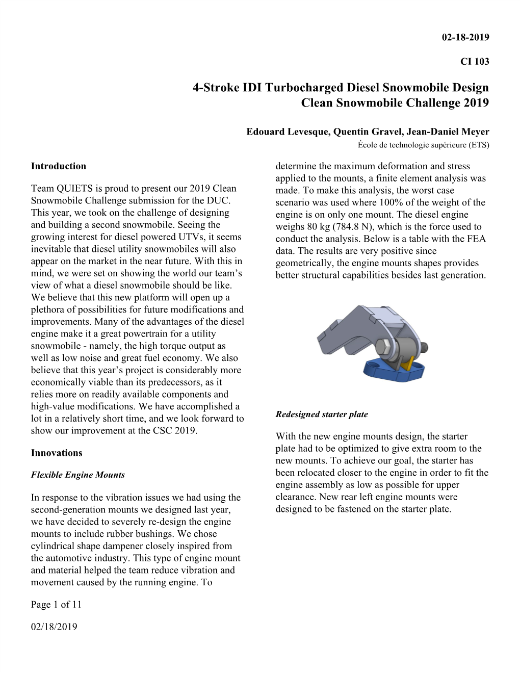 4-Stroke IDI Turbocharged Diesel Snowmobile Design Clean Snowmobile Challenge 2019