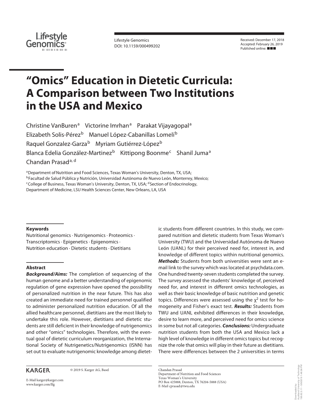 Omics Received: December 17, 2018 DOI: 10.1159/000499202 Accepted: February 26, 2019 Published Online: �