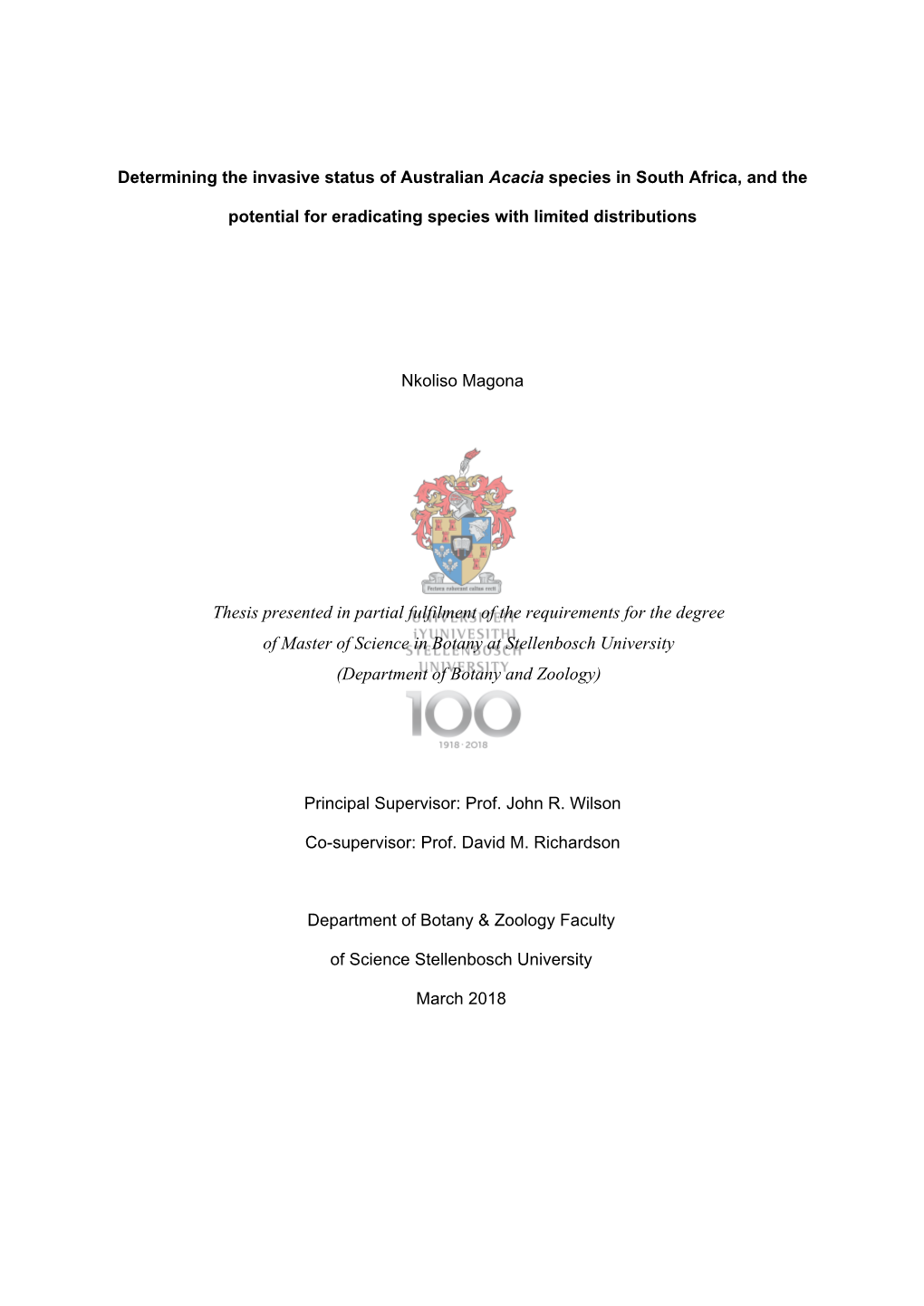 Thesis Presented in Partial Fulfilment of the Requirements for the Degree Of