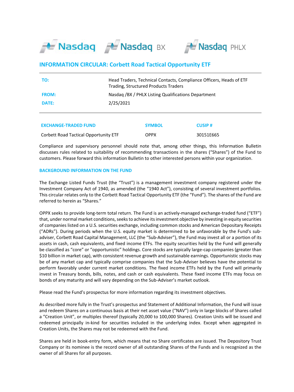 INFORMATION CIRCULAR: Corbett Road Tactical Opportunity ETF