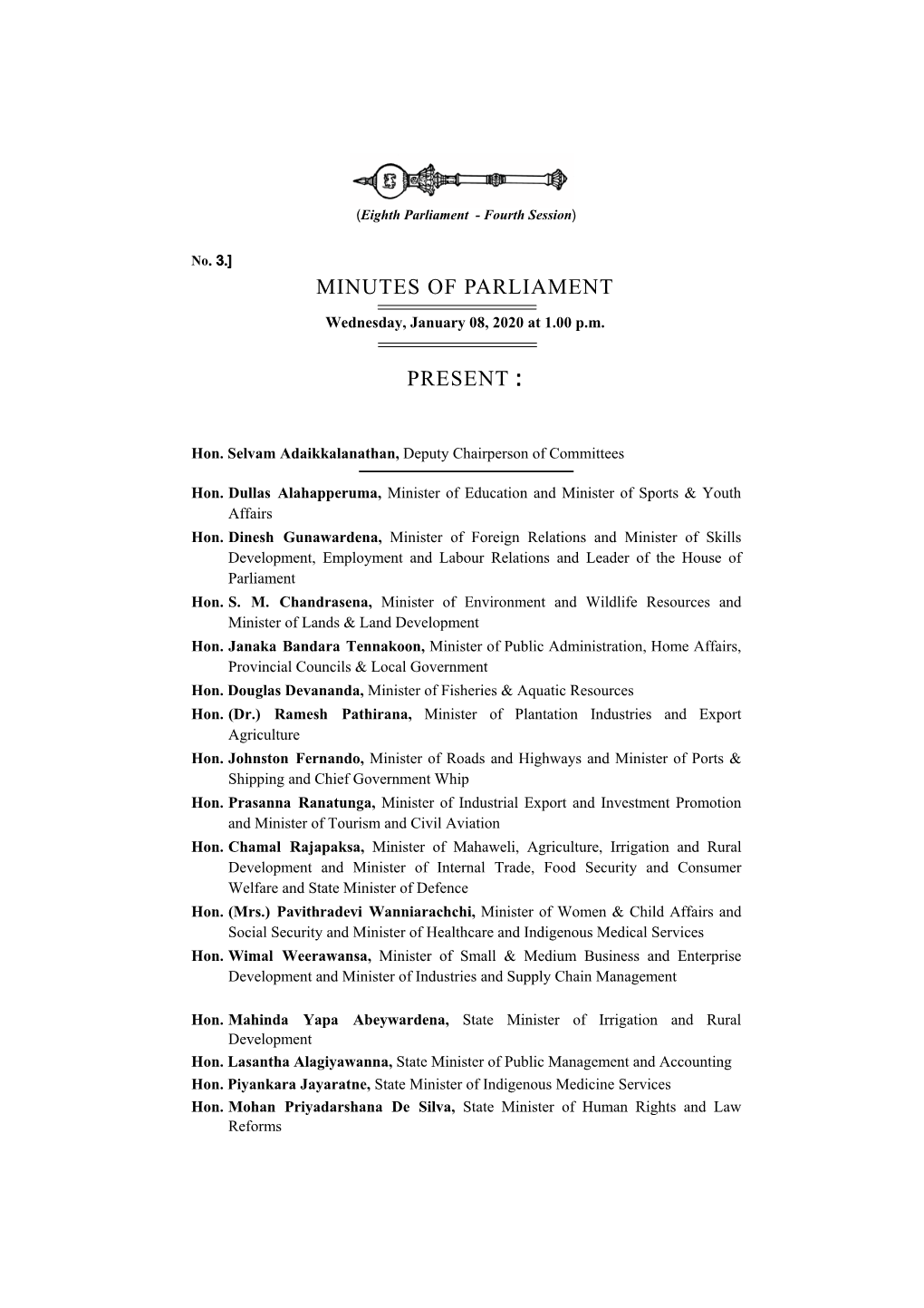 Minutes of Parliament for 08.01.2020