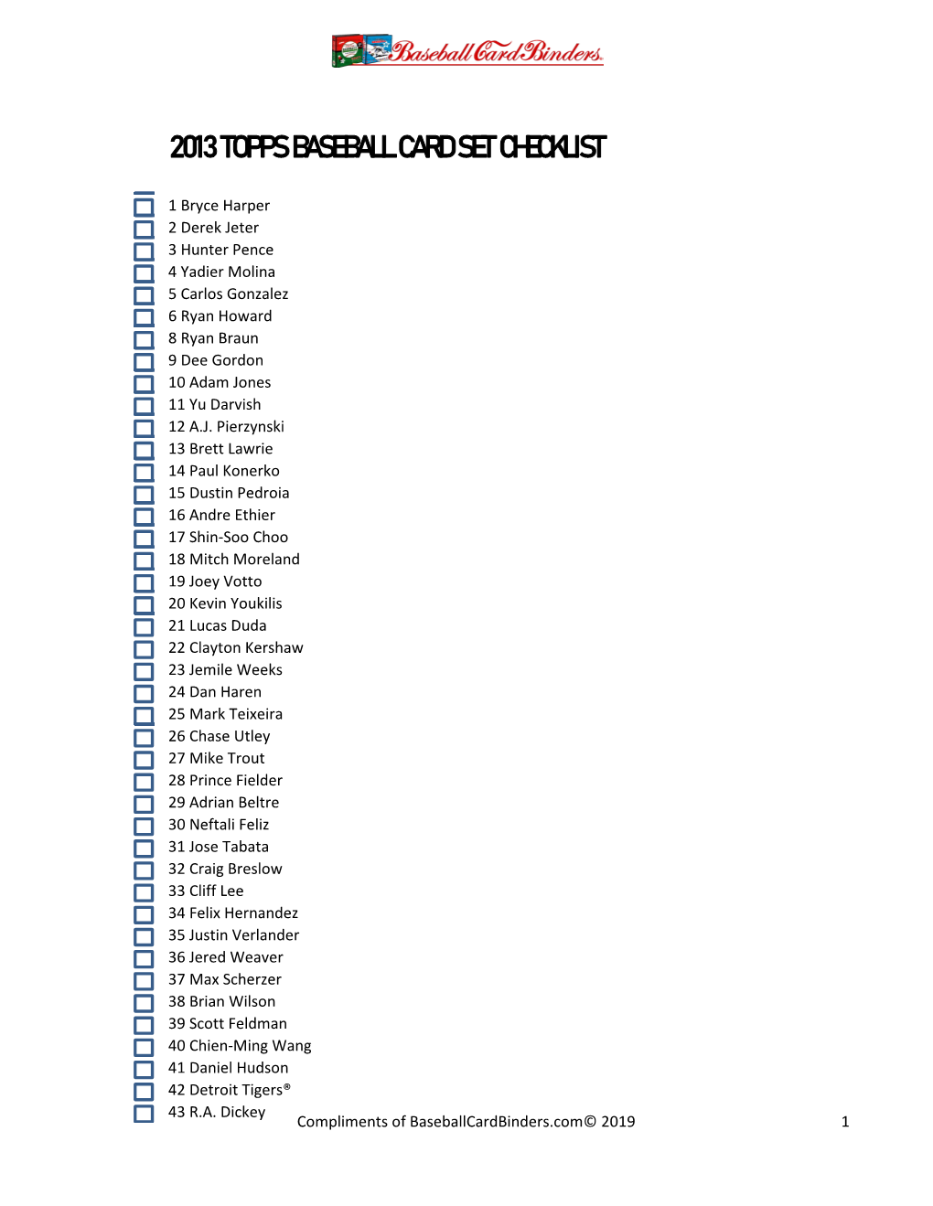 2013 Topps Baseball Card Set Checklist