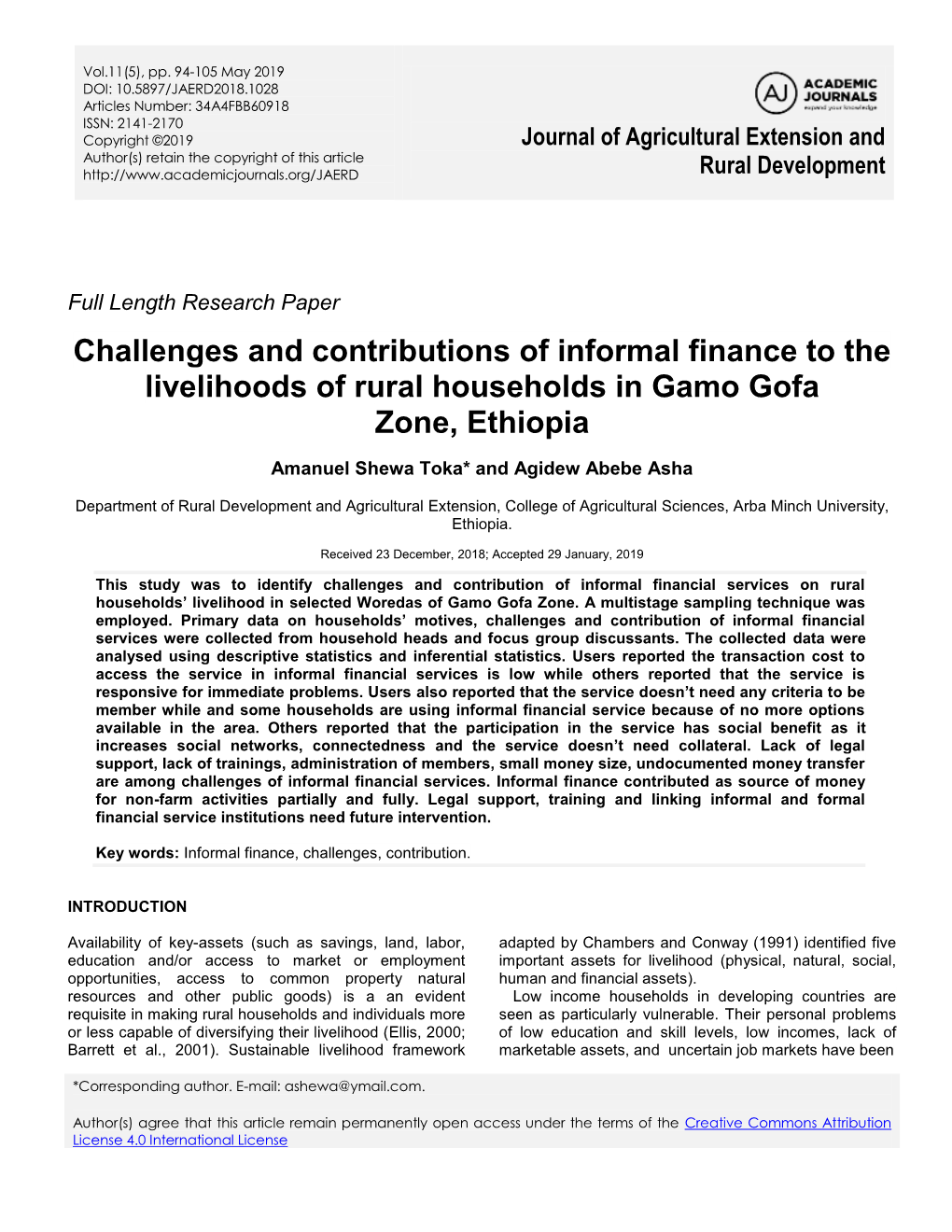 Challenges and Contributions of Informal Finance to the Livelihoods of Rural Households in Gamo Gofa Zone, Ethiopia