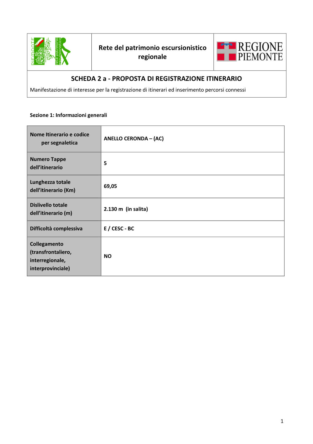 PROPOSTA DI REGISTRAZIONE ITINERARIO Manifestazione Di Interesse Per La Registrazione Di Itinerari Ed Inserimento Percorsi Connessi