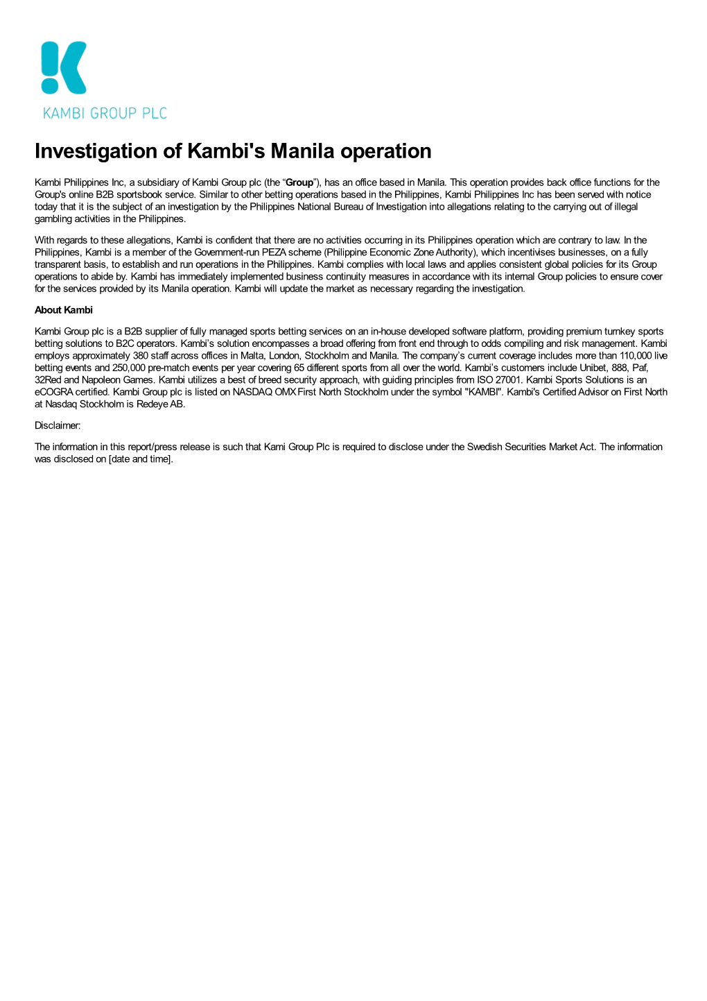 Investigation of Kambi's Manila Operation