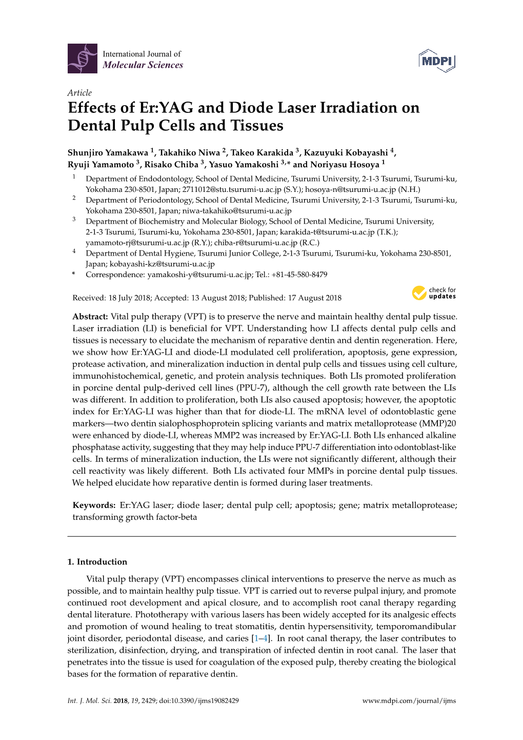 Effects of Er:YAG and Diode Laser Irradiation on Dental Pulp Cells and Tissues