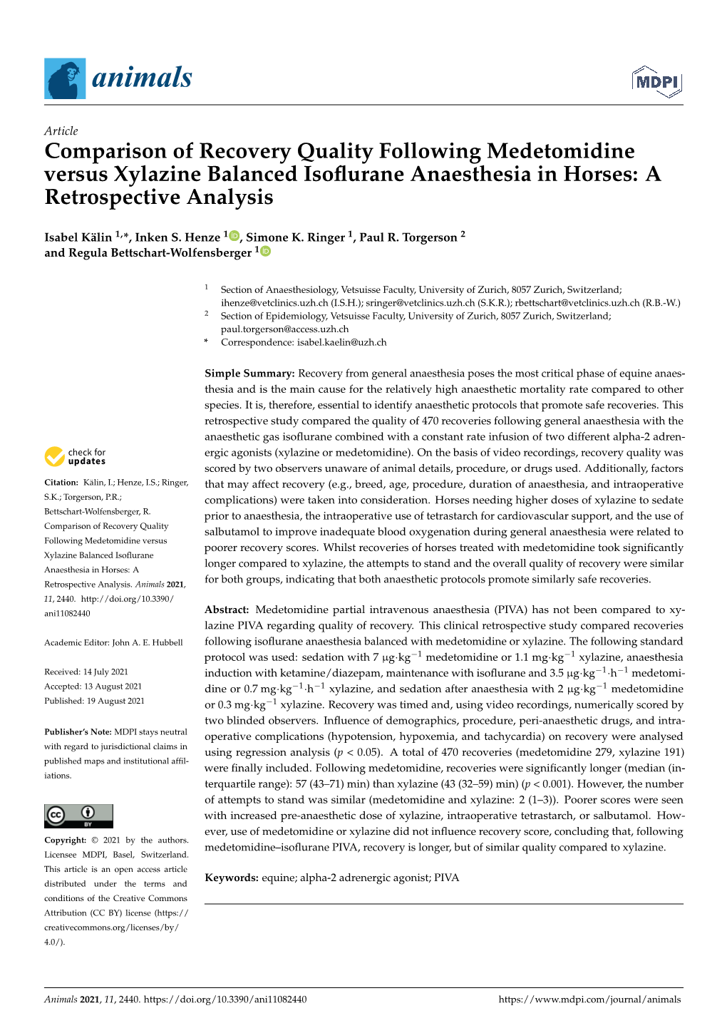 Comparison of Recovery Quality Following Medetomidine Versus Xylazine Balanced Isoflurane Anaesthesia in Horses: a Retrospective