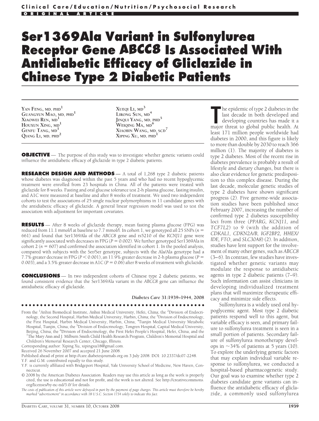 Ser1369ala Variant in Sulfonylurea Receptor Gene ABCC8 Is Associated with Antidiabetic Efﬁcacy of Gliclazide in Chinese Type 2 Diabetic Patients