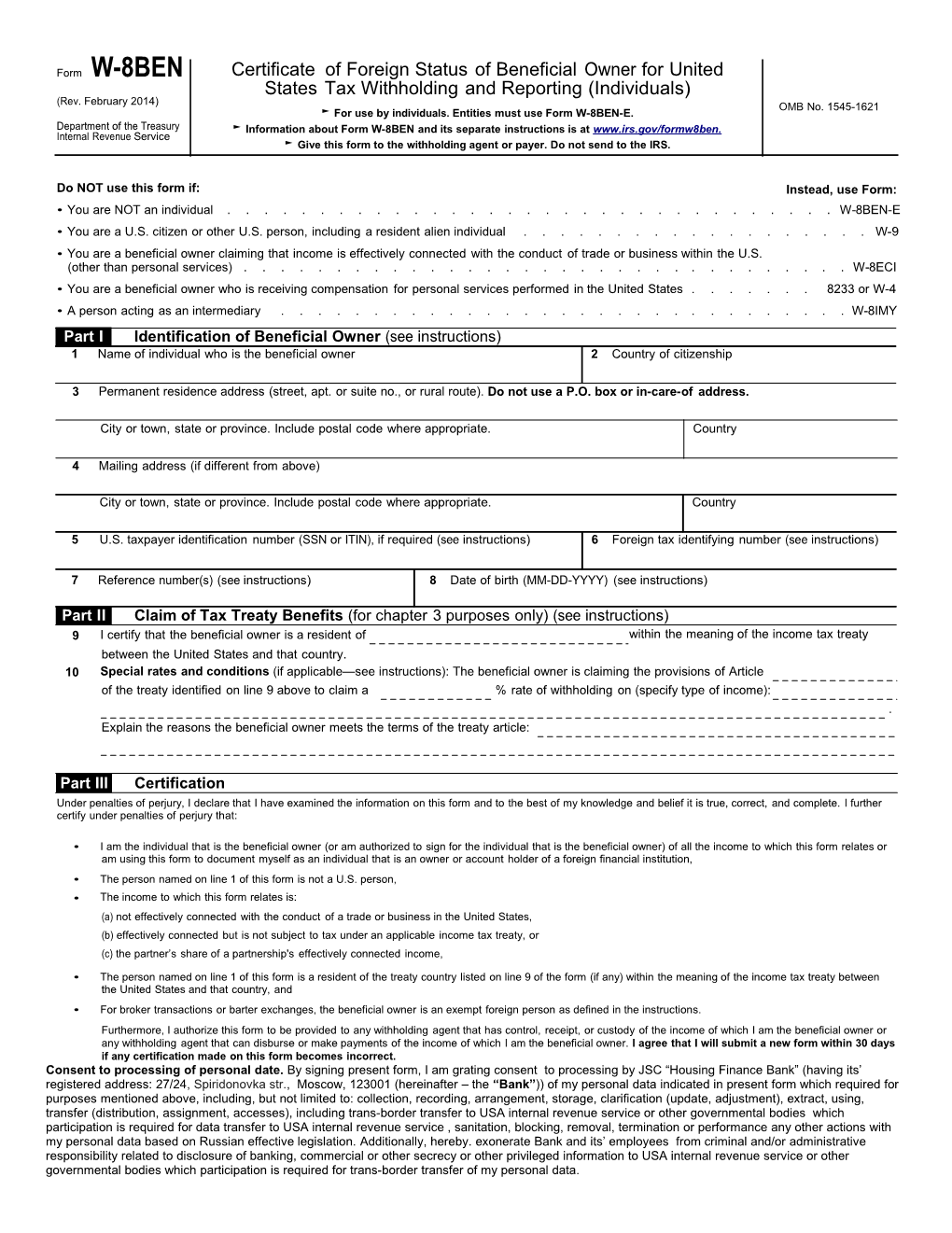 Form W-8 BEN (Rev. February 2014)