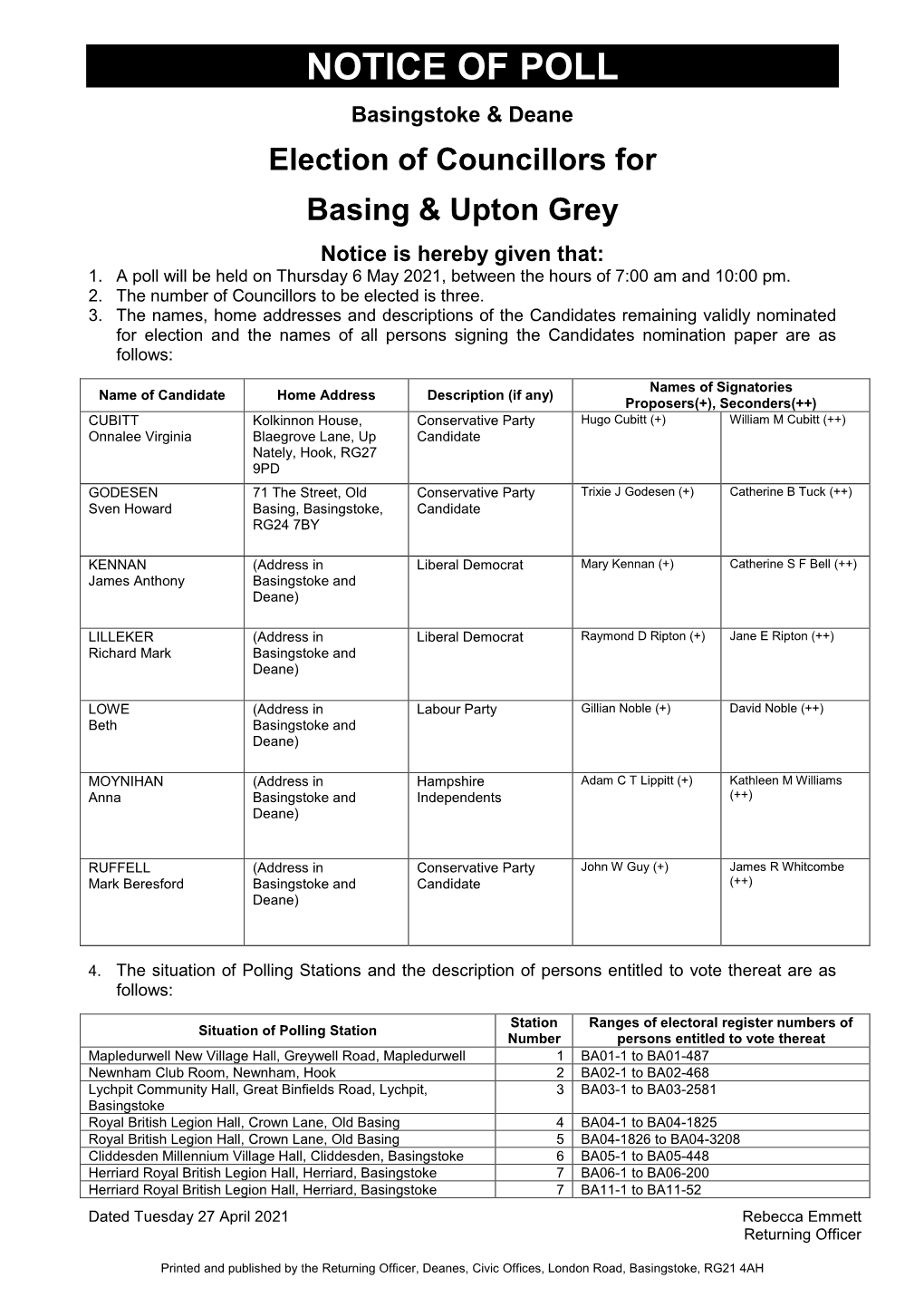 Basingstoke and Deane Borough Council Notices of Poll and Situation of Polling Stations