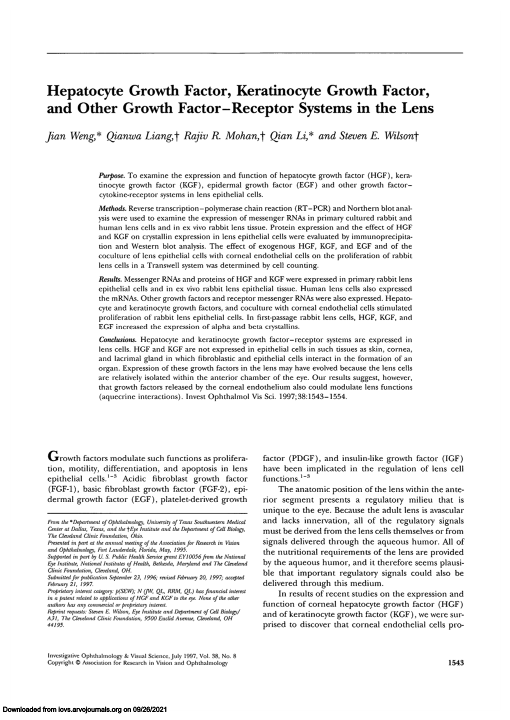 Hepatocyte Growth Factor, Keratinocyte Growth Factor, and Other Growth Factor-Receptor Systems in the Lens