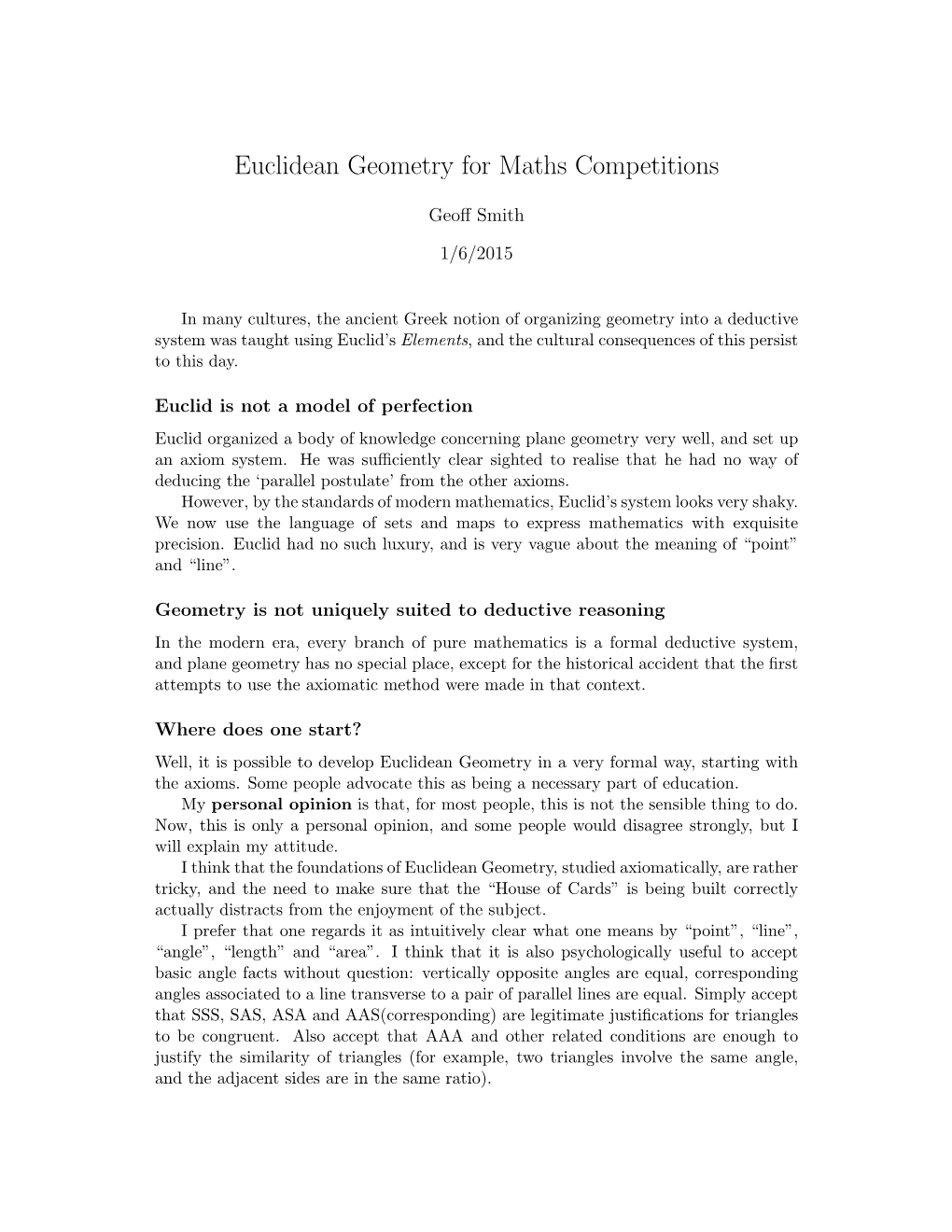 Euclidean Geometry for Maths Competitions