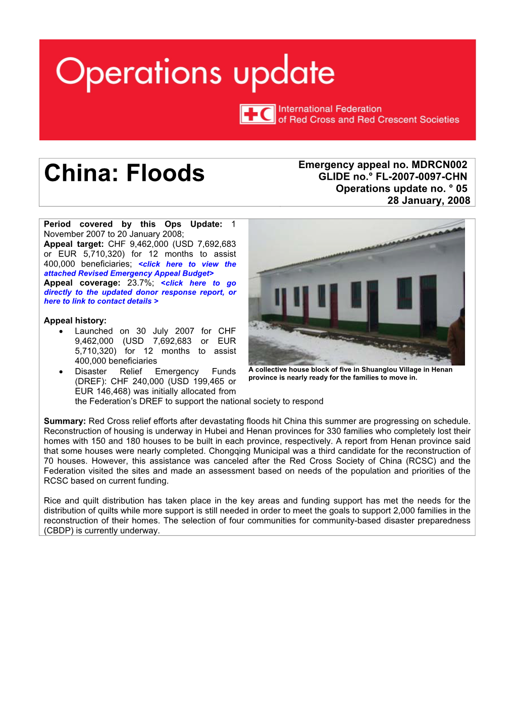 China: Floods GLIDE No.° FL-2007-0097-CHN Operations Update No