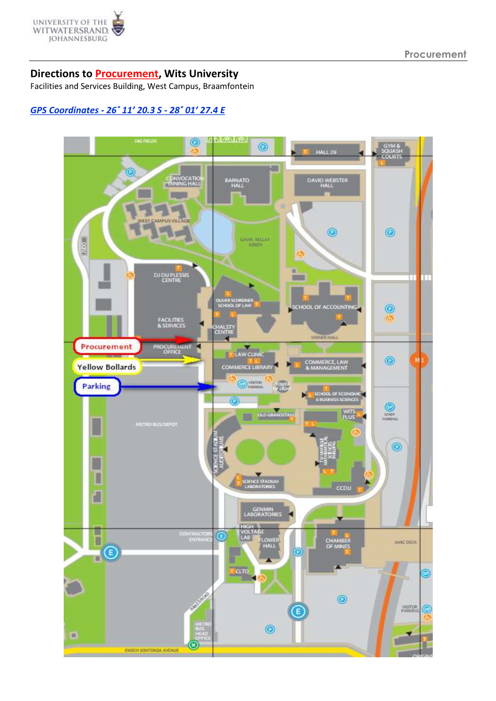 Directions to Procurement, Wits University Facilities and Services Building, West Campus, Braamfontein