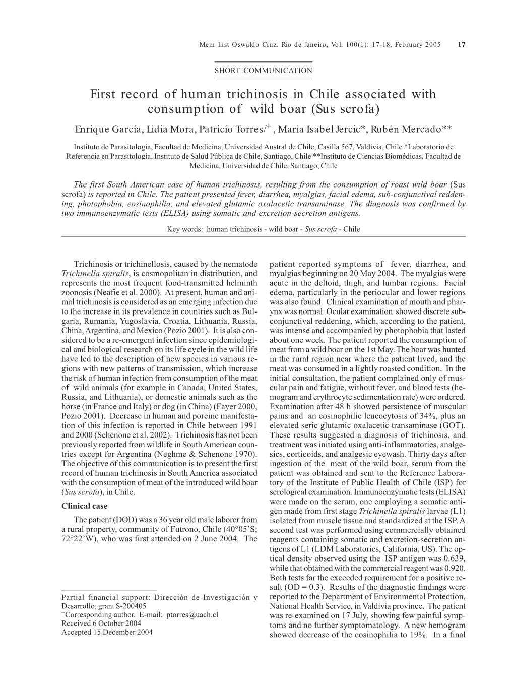 First Record of Human Trichinosis in Chile Associated with Consumption