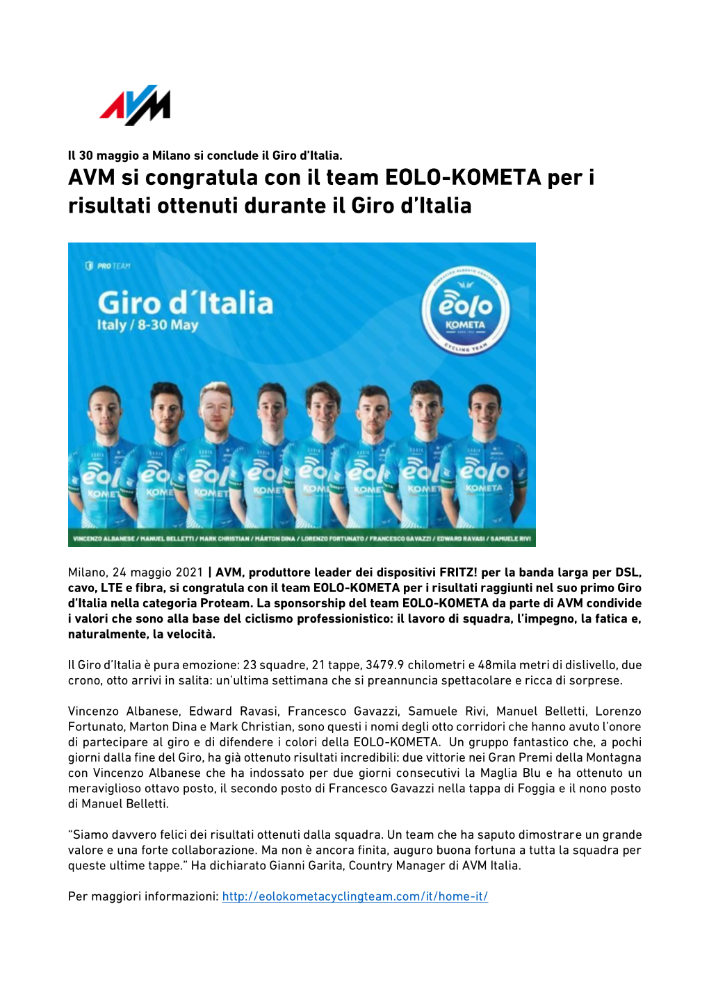 AVM Si Congratula Con Il Team EOLO-KOMETA Per I Risultati Ottenuti Durante Il Giro D'italia