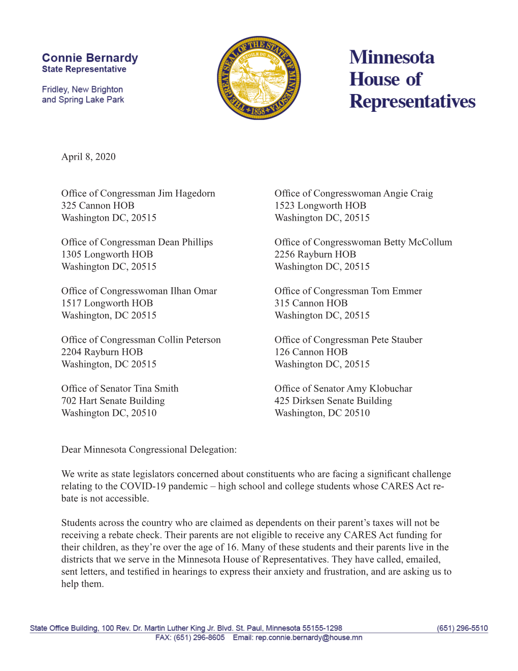 April 8, 2020 Office of Congressman Jim Hagedorn Office Of