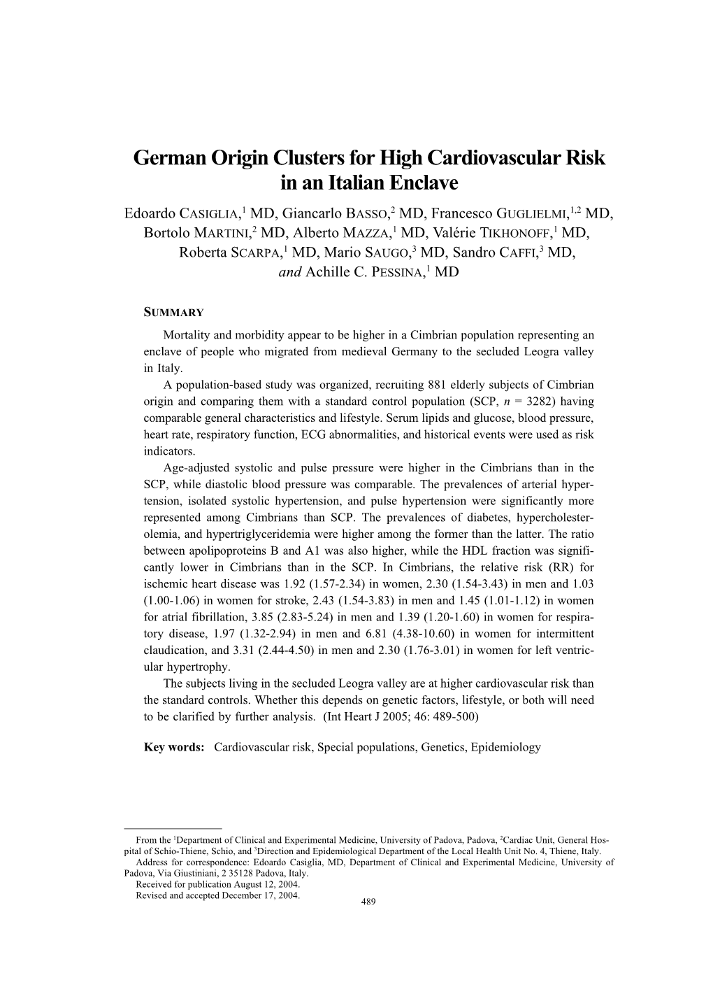 German Origin Clusters for High Cardiovascular Risk in an Italian Enclave