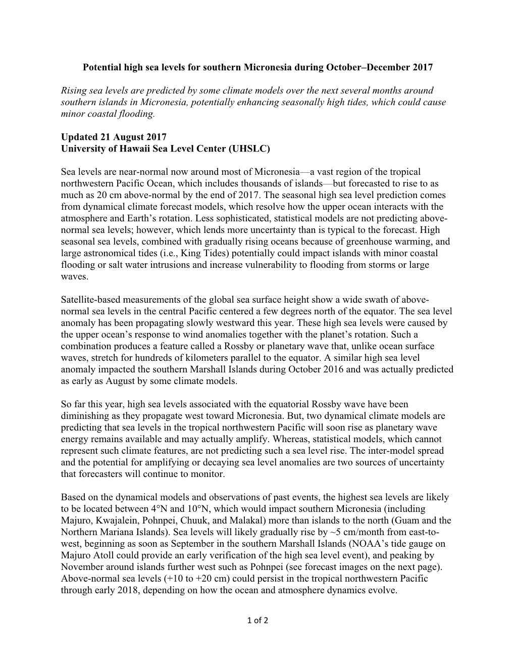 Potential High Sea Levels for Southern Micronesia During October–December 2017