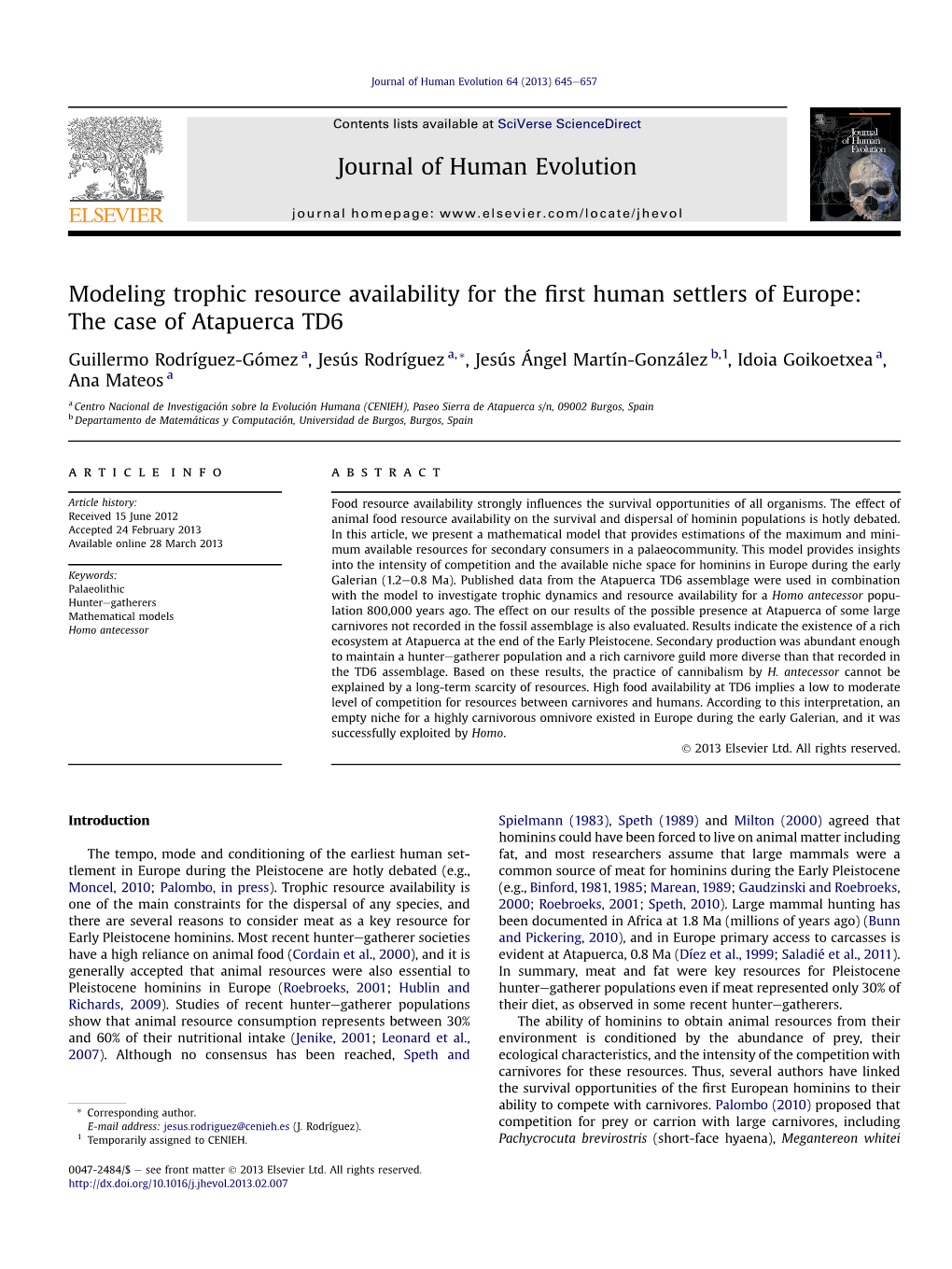 Modeling Trophic Resource Availability for the First Human Settlers of Europe: the Case of Atapuerca