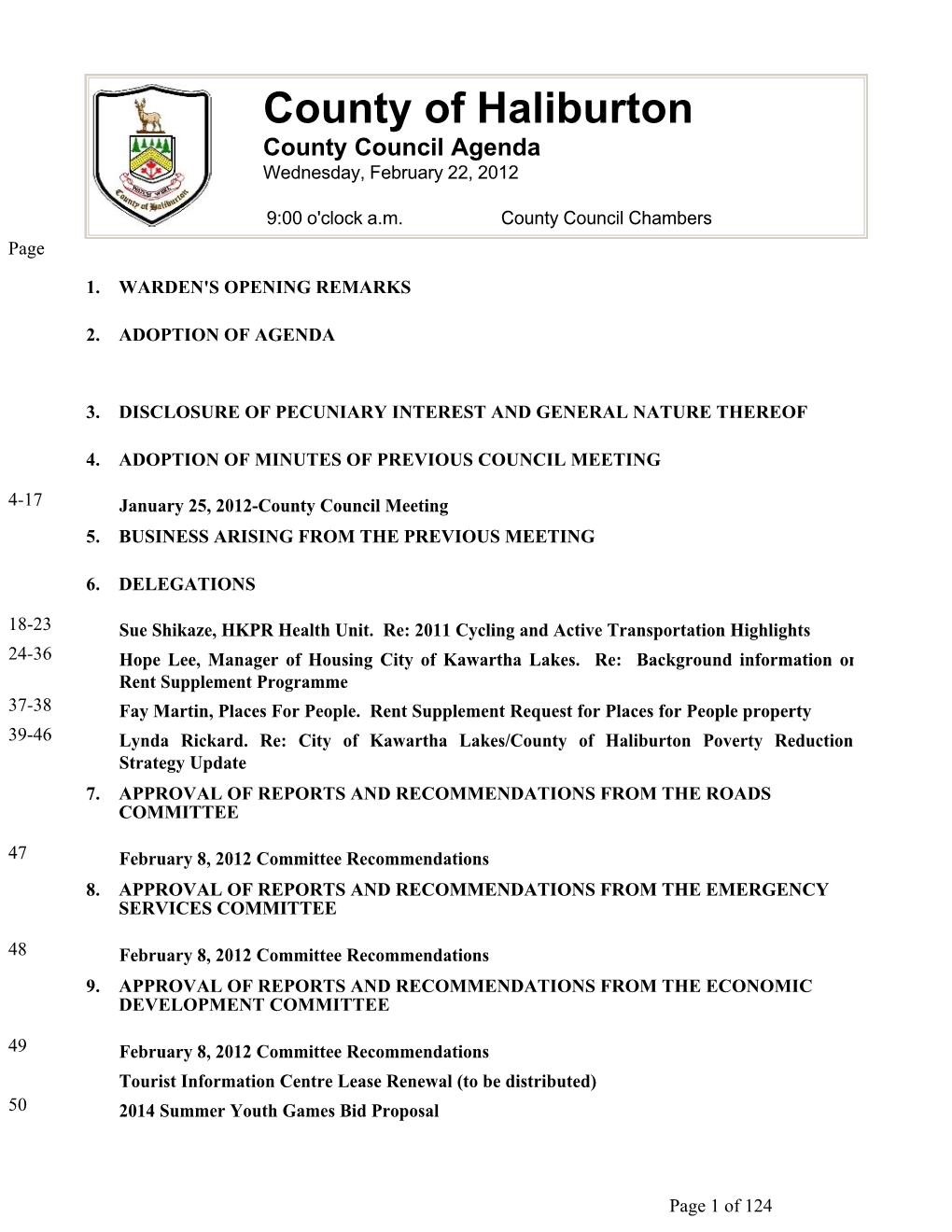 County of Haliburton County Council Agenda Wednesday, February 22, 2012
