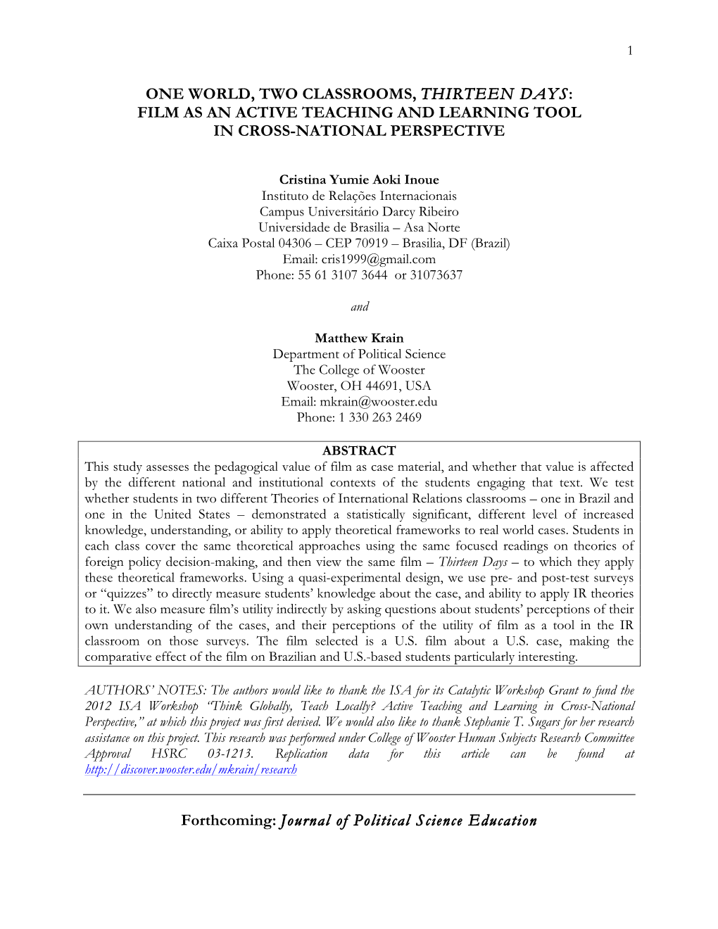 One World, Two Classrooms, Thirteen Days: Film As an Active Teaching and Learning Tool in Cross-National Perspective