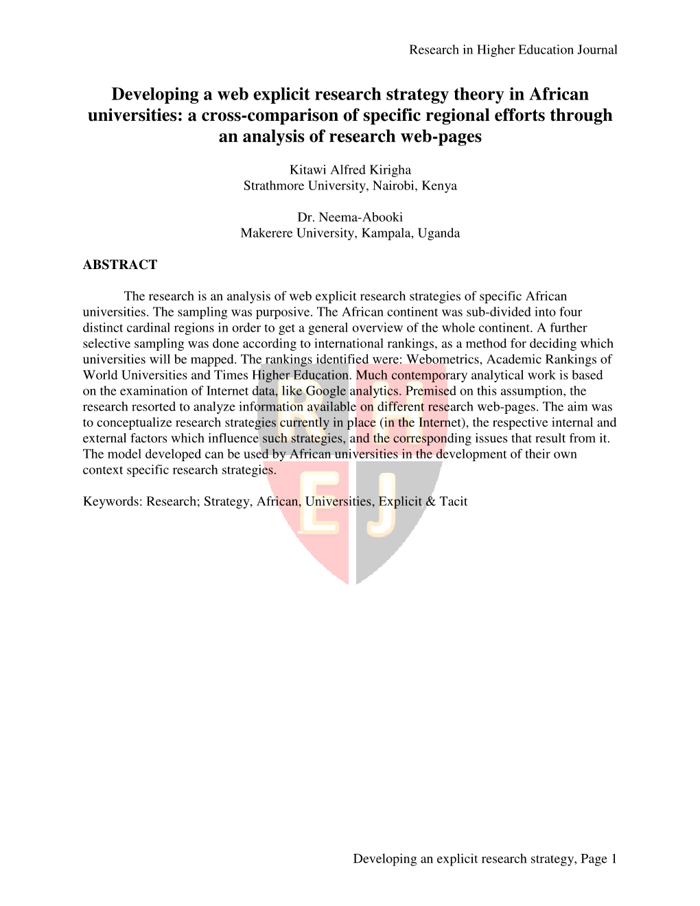 Developing a Web Explicit Research Strategy Theory in African Universities: a Cross-Comparison of Specific Regional Efforts Through an Analysis of Research Web-Pages