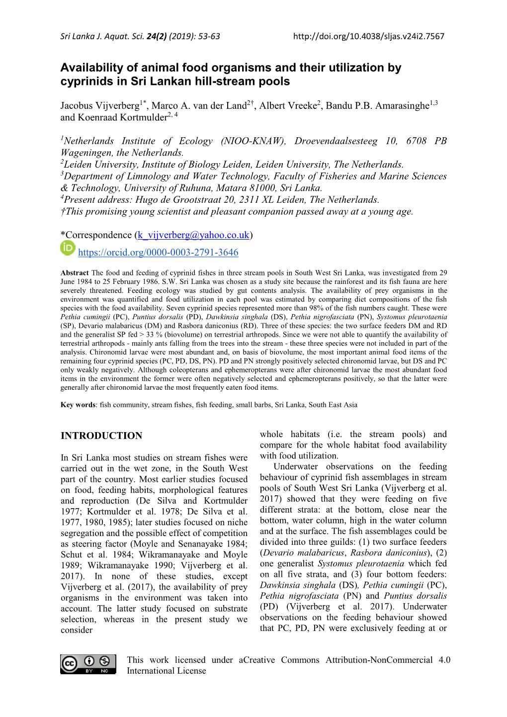 Availability of Animal Food Organisms and Their Utilization by Cyprinids in Sri Lankan Hill-Stream Pools