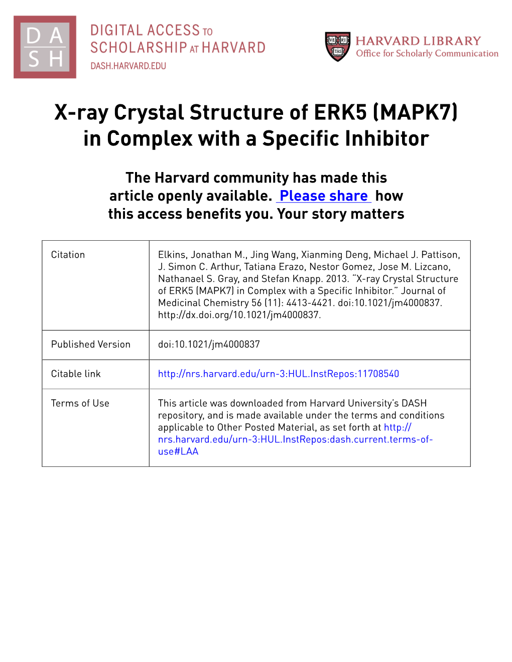 X-Ray Crystal Structure of ERK5 (MAPK7) in Complex with a Specific Inhibitor