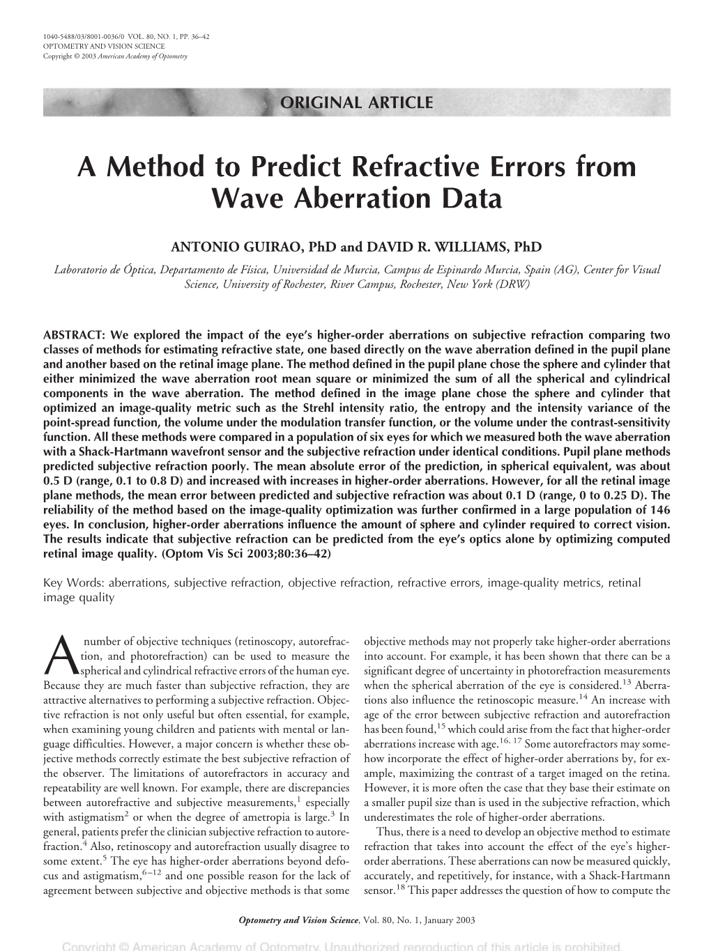 A Method to Predict Refractive Errors from Wave Aberration Data