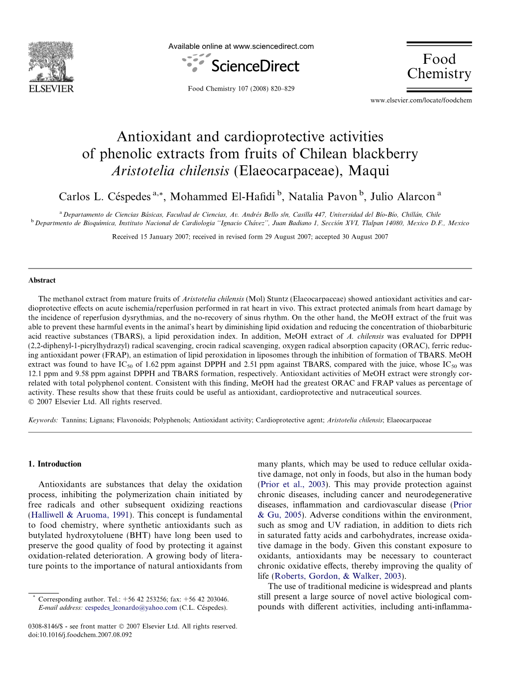 Antioxidant and Cardioprotective Activities of Phenolic Extracts from Fruits of Chilean Blackberry Aristotelia Chilensis (Elaeocarpaceae), Maqui