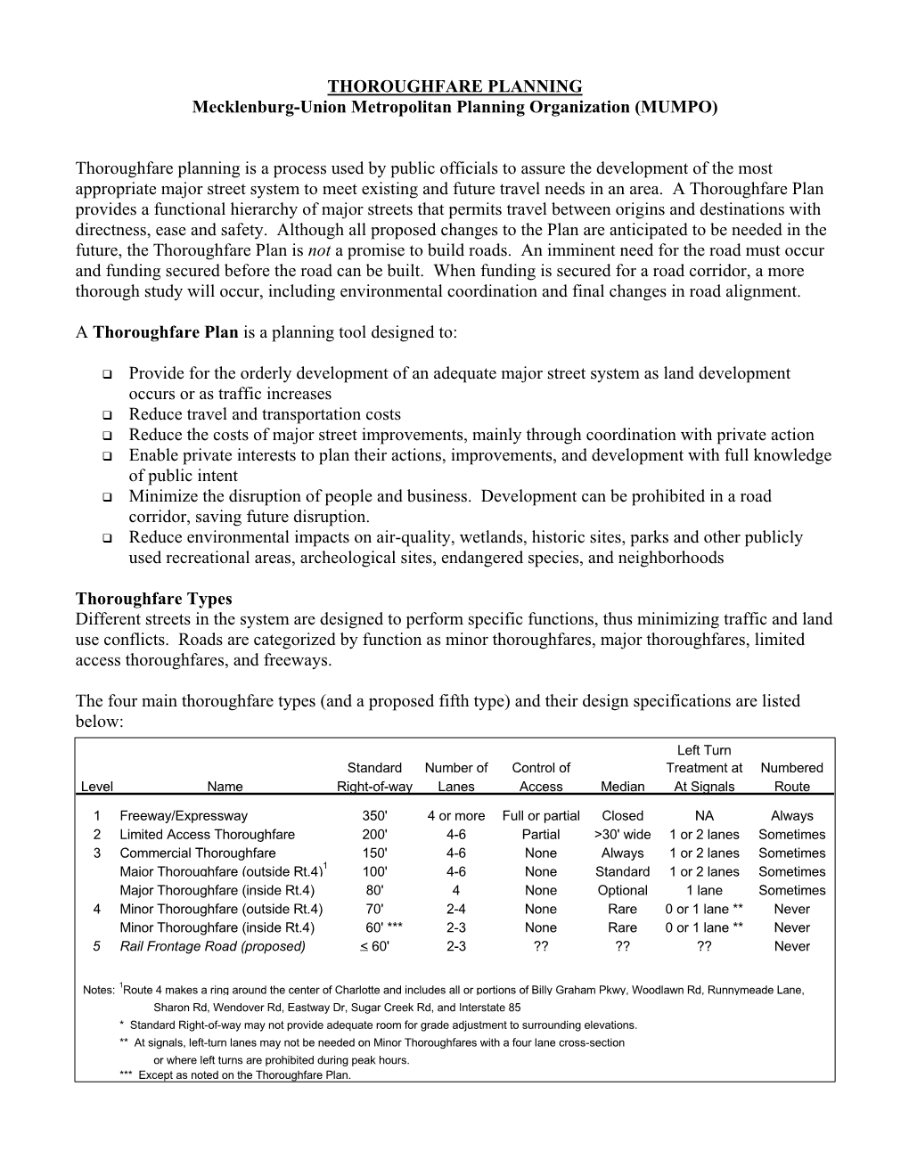 THOROUGHFARE PLANNING Mecklenburg-Union Metropolitan Planning Organization (MUMPO)