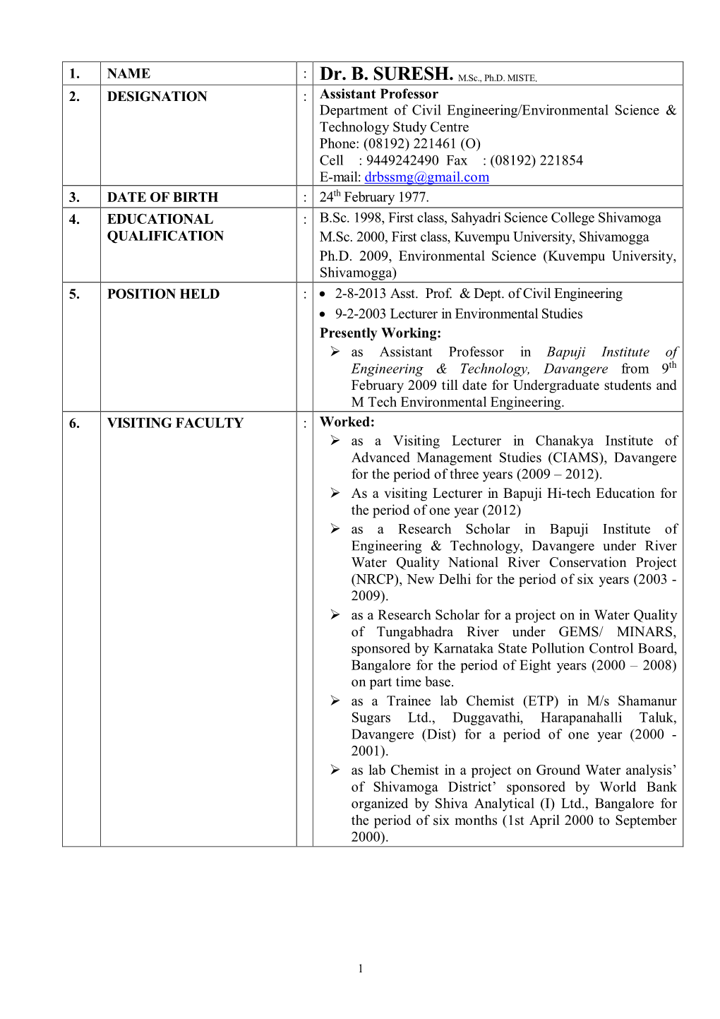 Assistant Professor Department of Civil Engineering/Environmental Science & Technology Study Centre Phone: (08192) 221461 (O) Cell : 9449242490 Fax : (08192) 221854