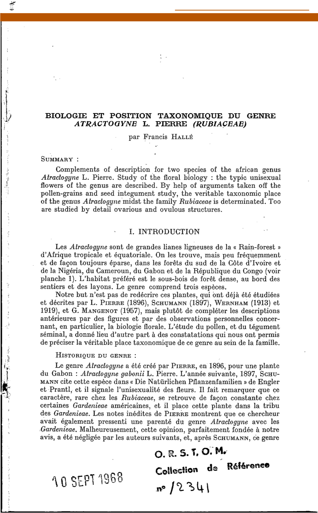 Biologie Et Position Taxonomique Du Genre Atractogyne L. Pierre