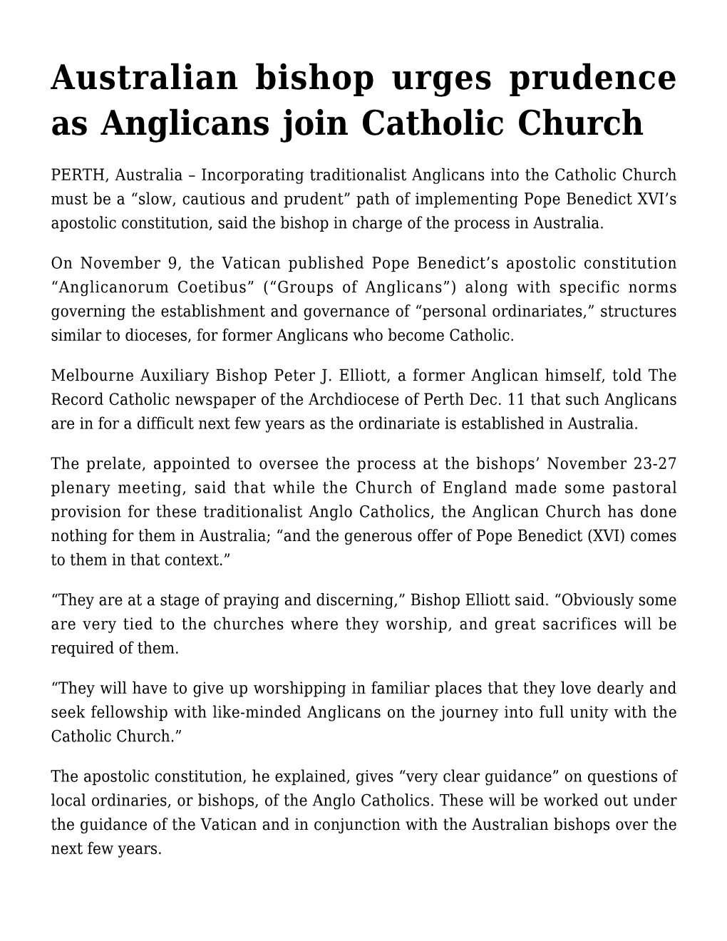 Australian Bishop Urges Prudence As Anglicans Join Catholic Church