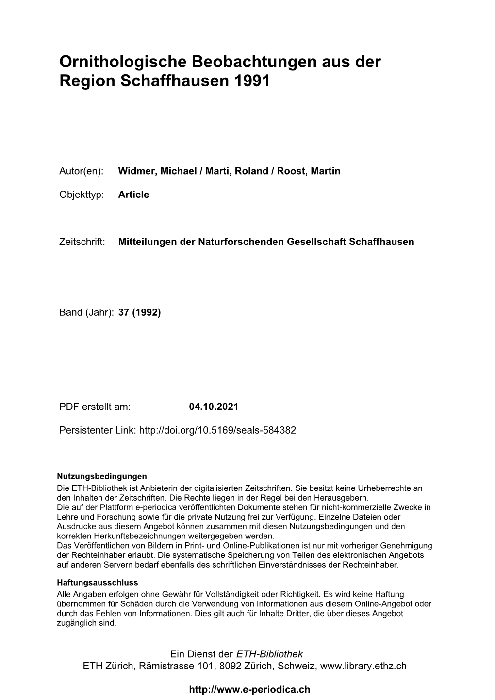 Ornithologische Beobachtungen Aus Der Region Schaffhausen 1991