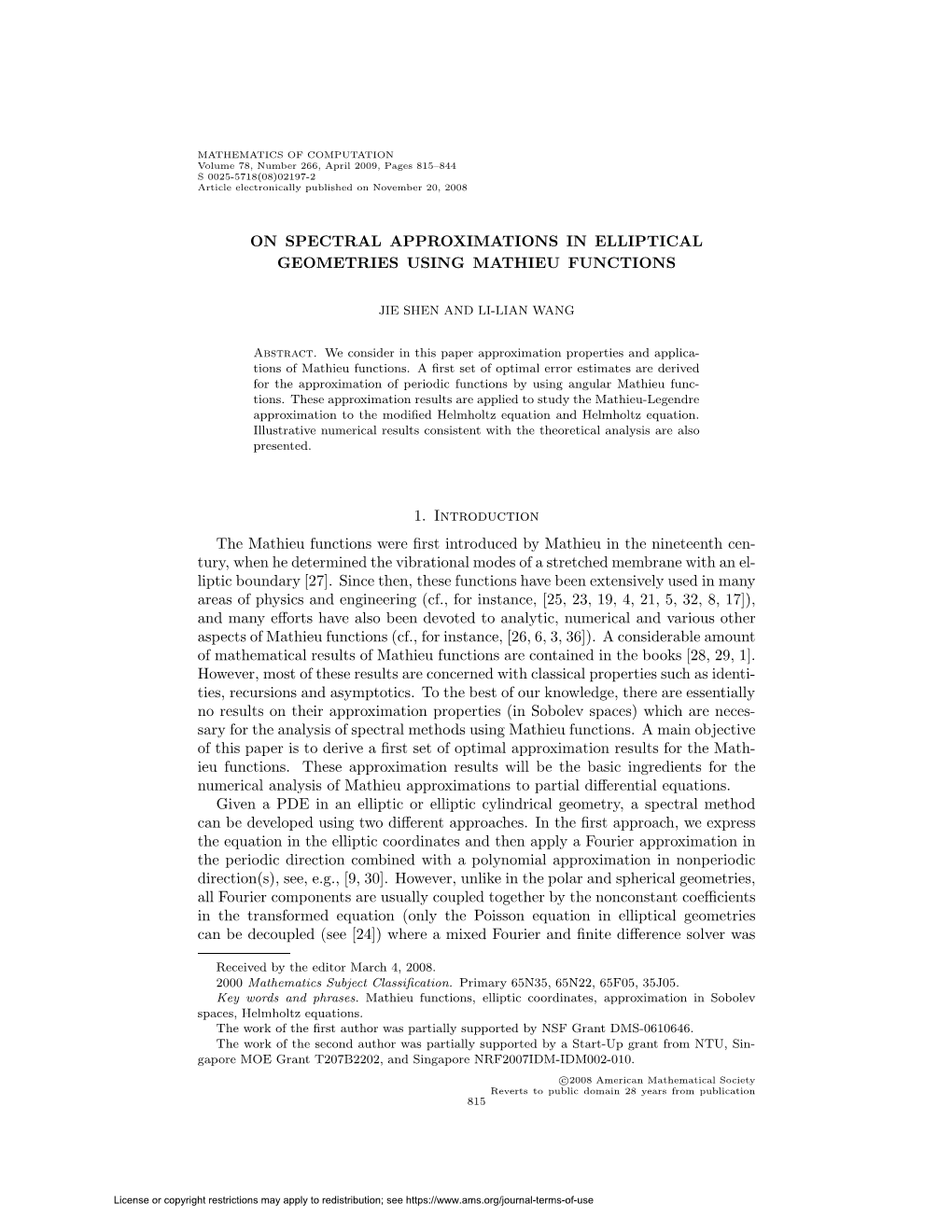 On Spectral Approximations in Elliptical Geometries Using Mathieu Functions