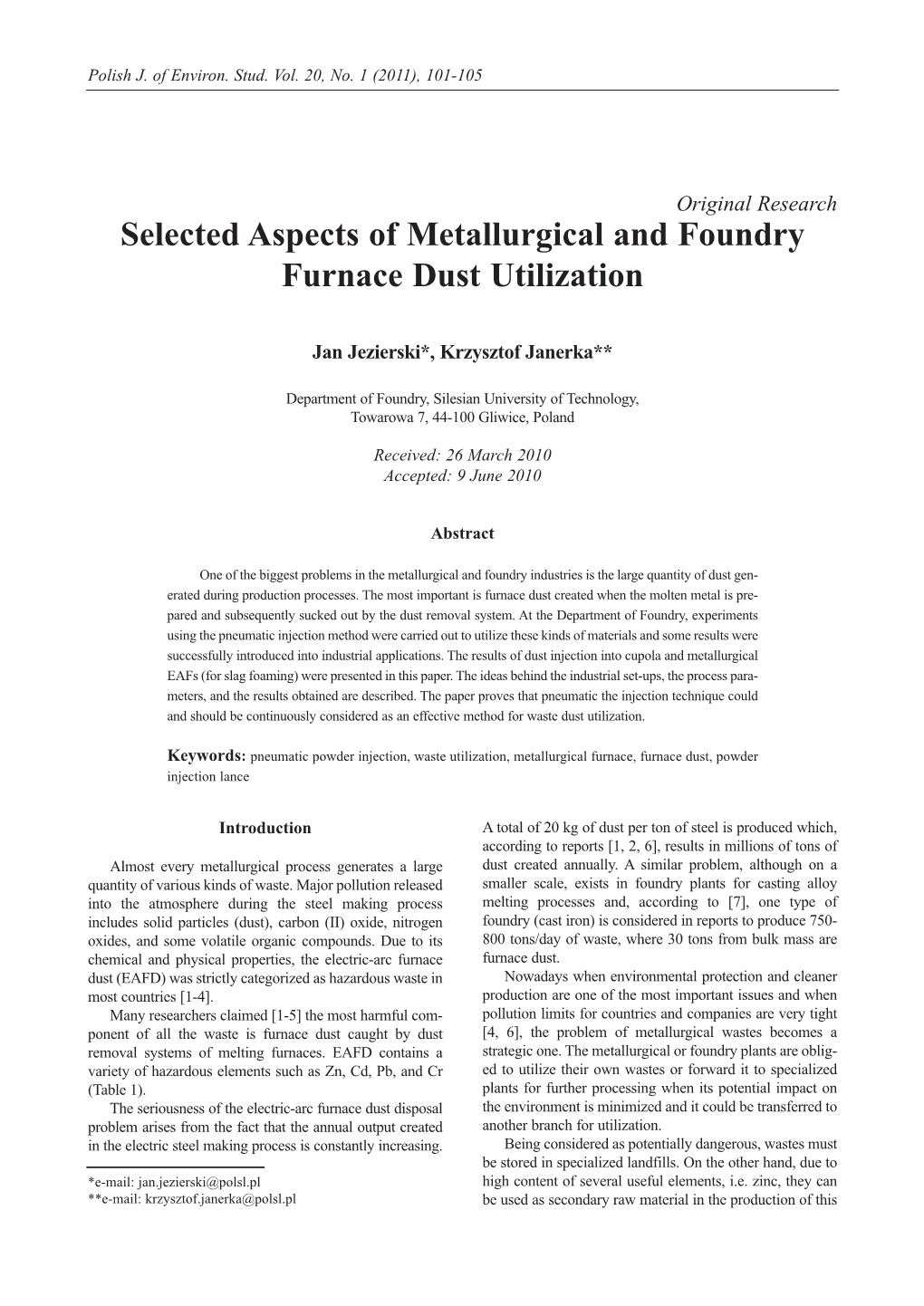 Selected Aspects of Metallurgical and Foundry Furnace Dust Utilization