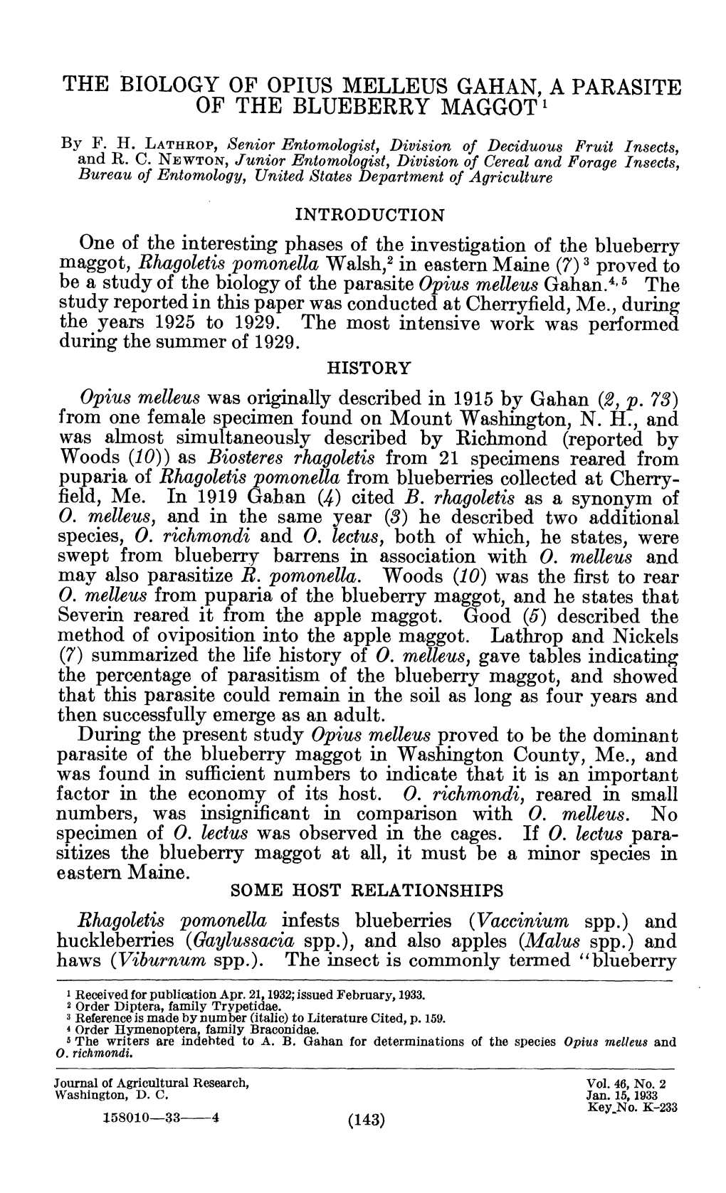 The Biology of Opius Melleus Gahan, a Parasite of the Blueberry Maggot ^