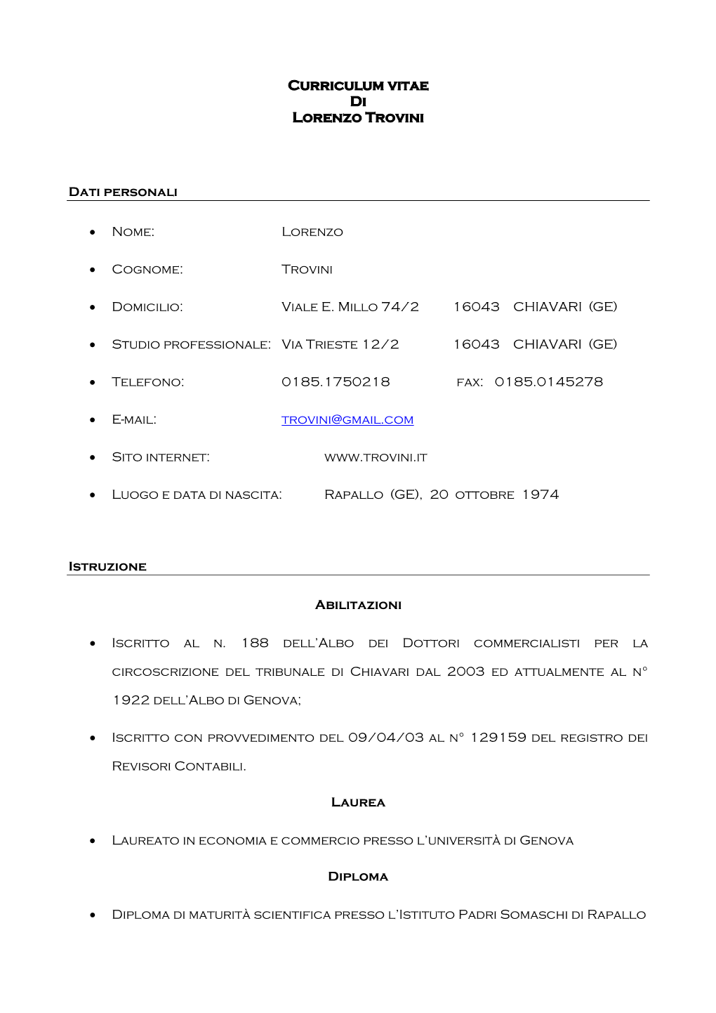 Curriculum Vitae Di Lorenzo Trovini