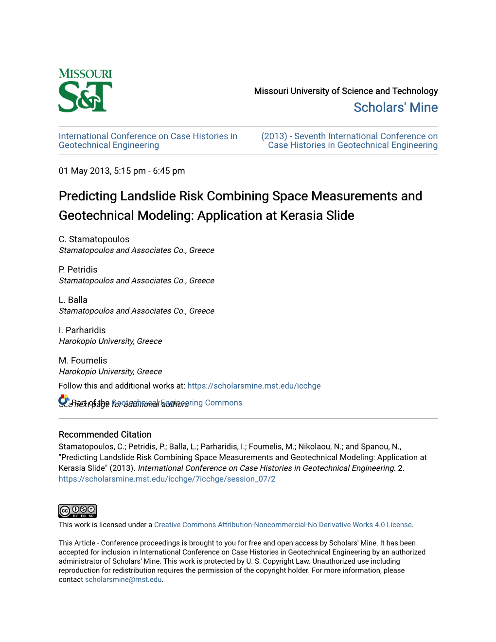 Predicting Landslide Risk Combining Space Measurements and Geotechnical Modeling: Application at Kerasia Slide